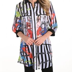 Frank Lyman Design Black, White & Gray Printed Long Shirt